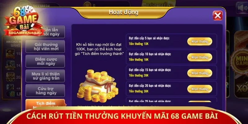 Cách rút tiền thưởng khuyến mãi 68 game bài 