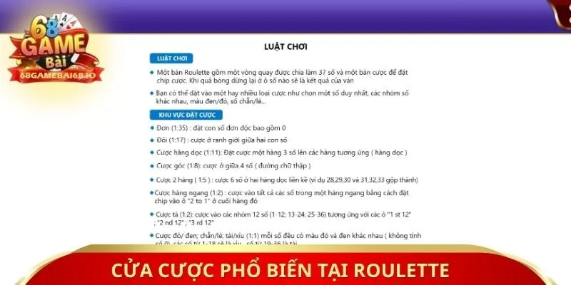 Cửa cược phổ biến tại Roulette