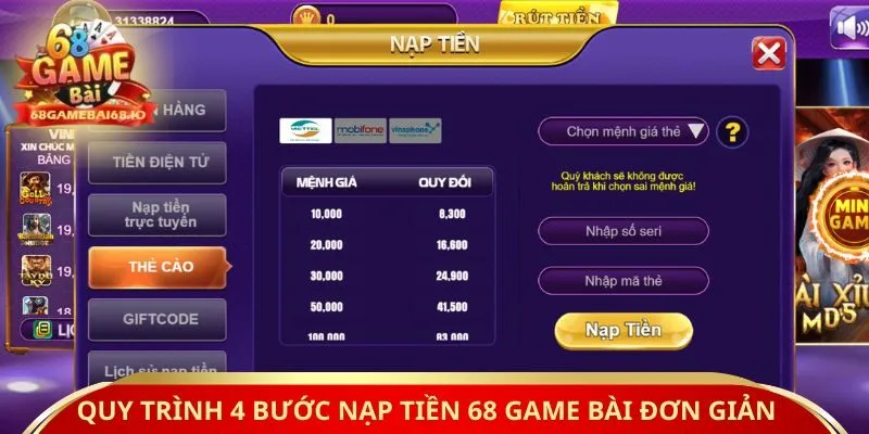 Quy trình 4 bước nạp tiền 68 game bài đơn giản